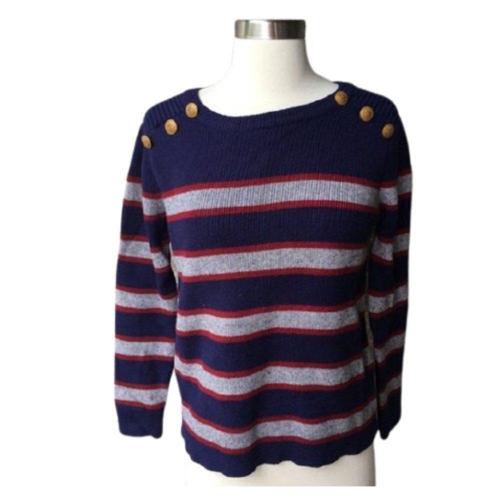 TK Stitchfix Nautical Striped Sweater Sailor Prep Button Shoulder Stripes Blue M